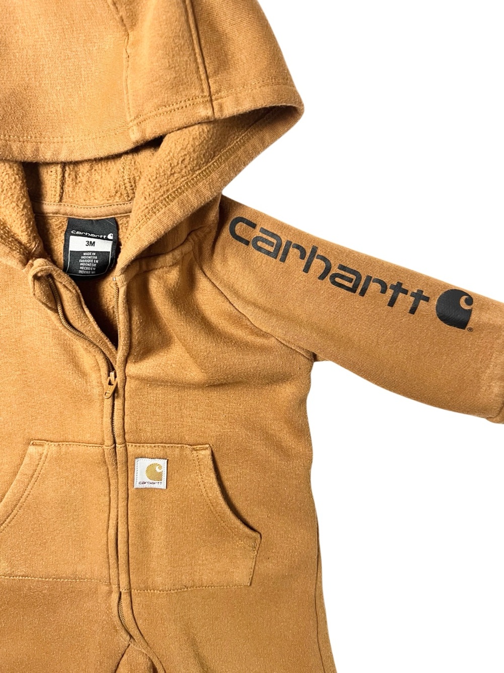 Carhartt Baby Caramel Brown Hooded Zip-Up Bodysuit Jumper Romper Size 3M
